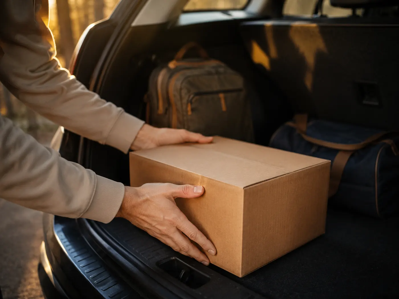 Colis en carton naturel déposé dans le coffre d'une voiture