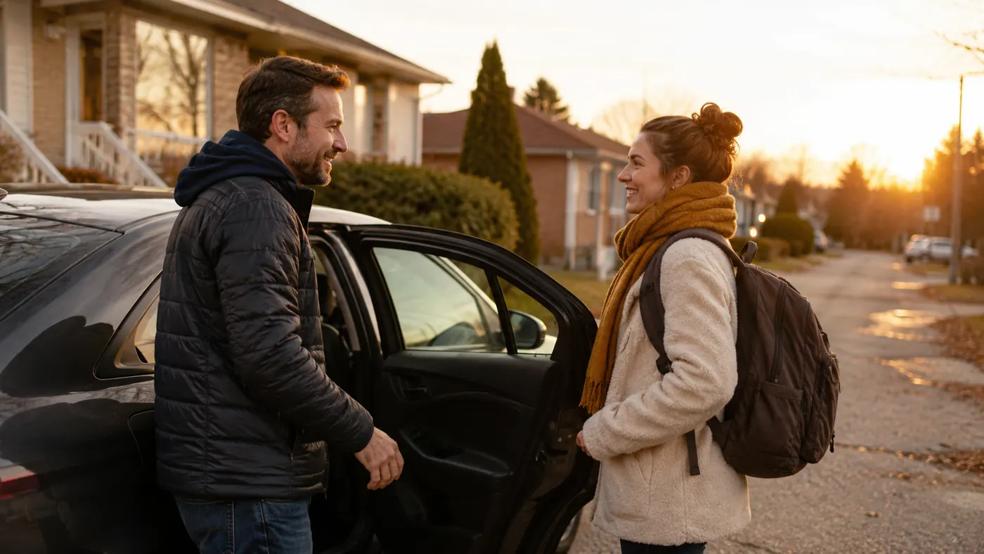 Rencontre entre un conducteur et une passagère devant une maison québécoise
